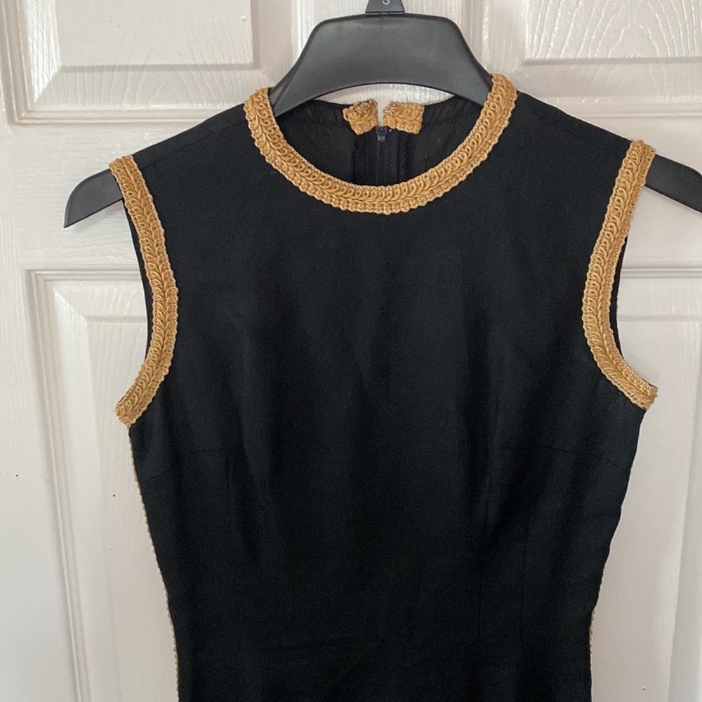 VTG 1960’s Black Linen Wiggle Dress Gold Trim - Picture 5 of 14